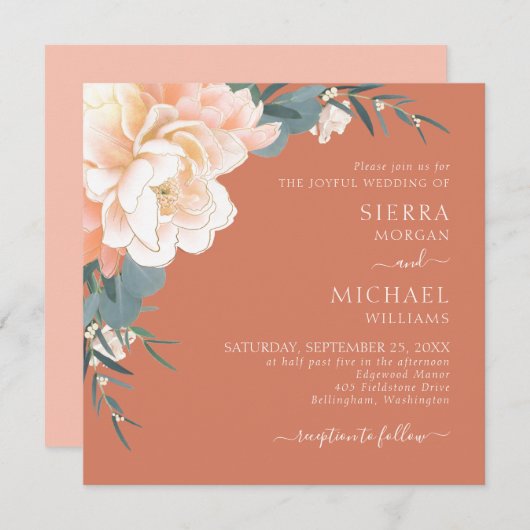 Invitation Mariage Floral Or En Terre Cuite Rouille Brush Pea (Devant / Derrière)