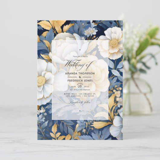Invitation Mariage floral or et blanc (Debout devant)