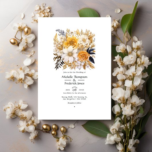 Invitation Mariage floral or et blanc