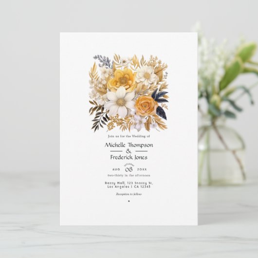 Invitation Mariage floral or et blanc (Debout devant)