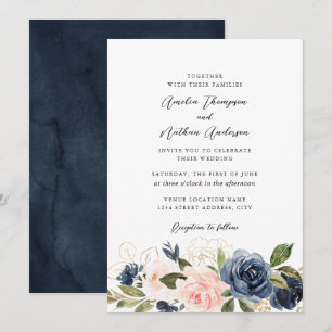 Invitation Mariage Floral Or Navy Rose Luxuriant