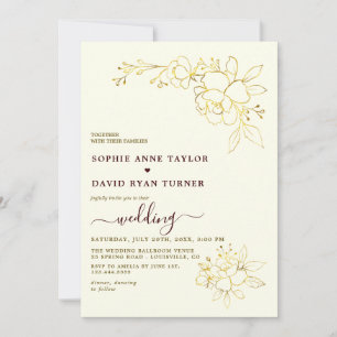 Invitation Mariage Floral Or Profond Bourgogne Ivoire