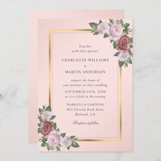 Invitation Mariage floral or rose pâle (Devant / Derrière)