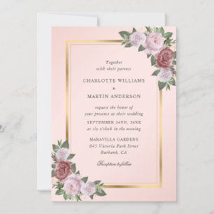 Invitation Mariage floral or rose pâle