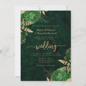Invitation Mariage floral or vert émeraude (Devant)