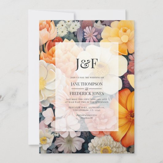 Invitation Mariage Floral Orange, Blanc et Doré (Devant)