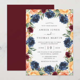 Invitation Mariage Floral Orange Brûlé et Marine Bourgogne