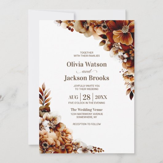 Invitation Mariage Floral Orange Brûlé Rustique (Devant)