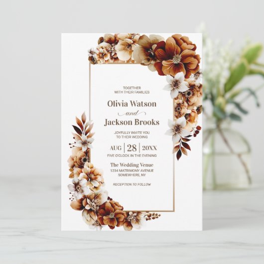 Invitation Mariage Floral Orange Brûlé Rustique (Debout devant)