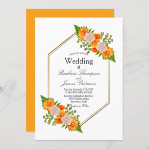 Invitation Mariage floral orange doré géométrique moderne