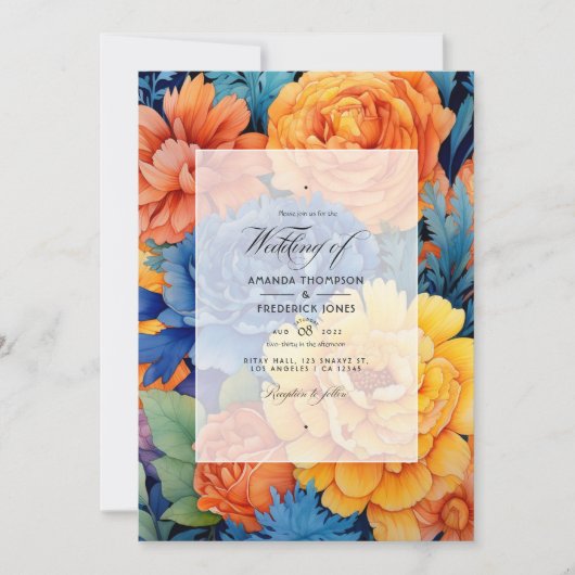 Invitation Mariage Floral Orange et Royal Blue (Devant)