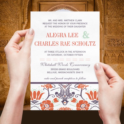 Invitation Mariage floral orange et violet Art déco