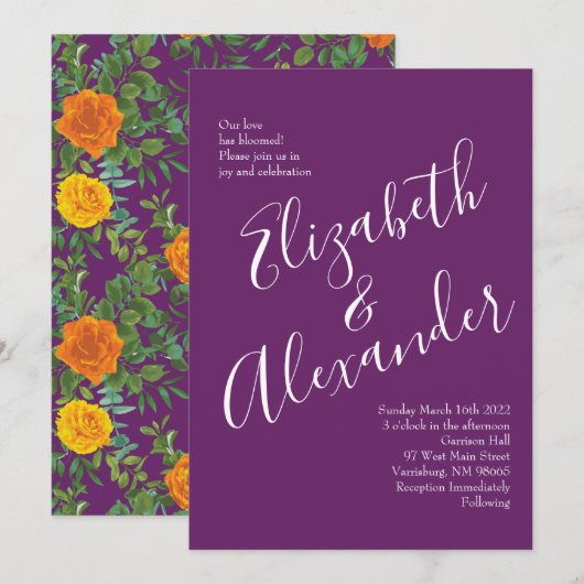 Invitation Mariage Floral Orange & Plum Violet Peony & Rose (Devant / Derrière)
