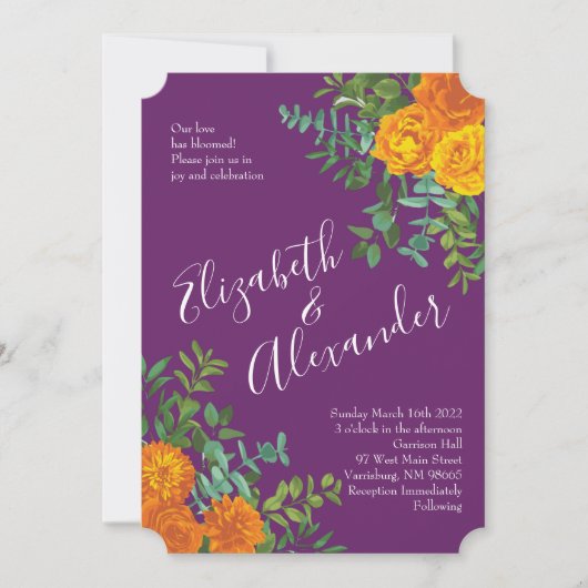 Invitation Mariage Floral Orange & Plum Violet Peony & Rose (Devant)