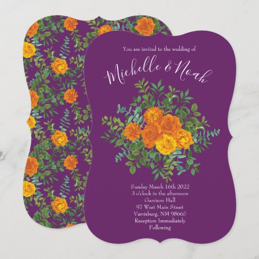 Invitation Mariage Floral Orange & Plum Violet Peony & Rose (Devant / Derrière)