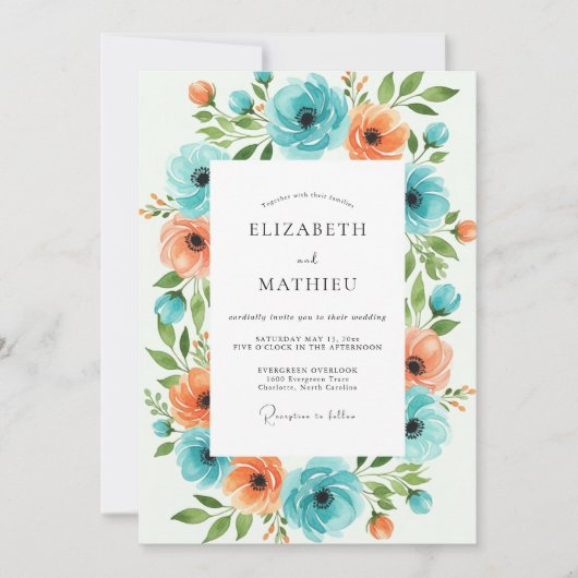 Invitation Mariage Floral Orange Sarcelle (Devant)