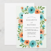 Invitation Mariage Floral Orange Sarcelle (Devant / Derrière)