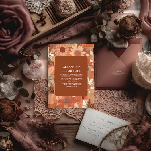 Invitation Mariage floral orange Super rétro