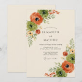 Invitation Mariage Floral Orange Vert Automne (Devant / Derrière)
