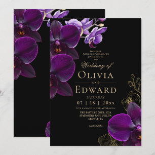 Invitation Mariage floral orchidée lavande et noir⎮Violet et