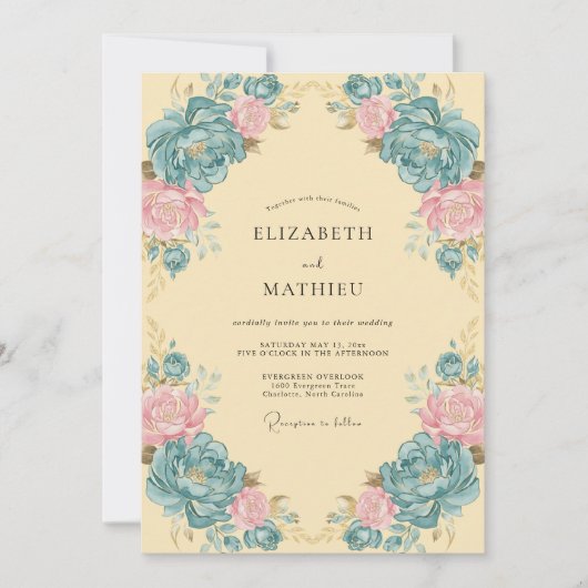 Invitation Mariage Floral Orné de Sarcelle (Devant)
