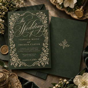 Invitation Mariage Floral Orné Vert de Forêt Vintage