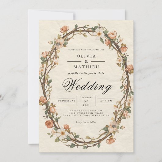 Invitation Mariage floral ovale à fleur âgée (Devant)