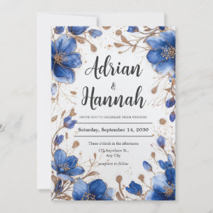 Invitation Mariage floral pailleté or aquarelle bleue