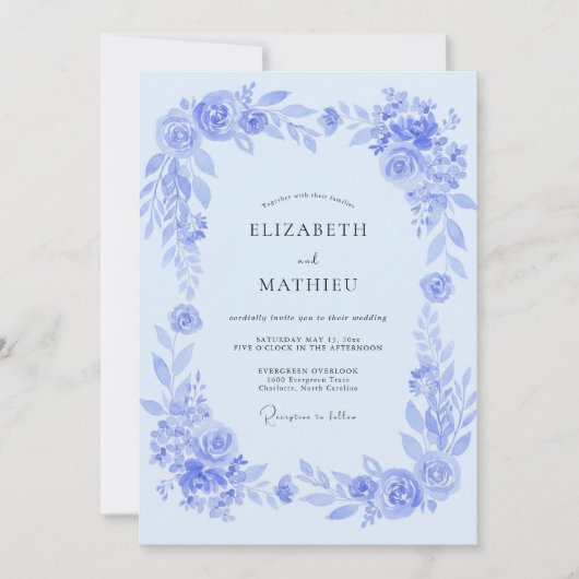 Invitation Mariage Floral Painter dans les Tons Bleu Poudre (Devant)