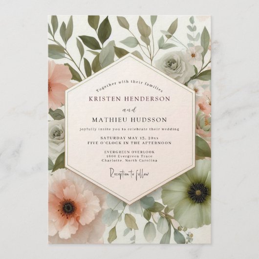 Invitation Mariage Floral Painterly Rose Clair (Devant)