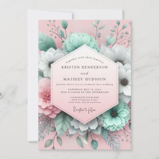 Invitation Mariage Floral Painterly Teinté de Menthe (Devant)