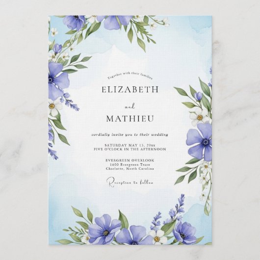 Invitation Mariage Floral Painterque Periwinkle (Devant)