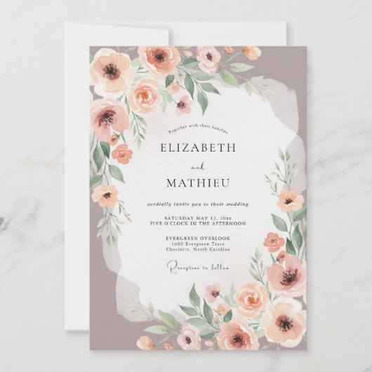 Invitation Mariage Floral Painterque Rose Poussiéreux (Devant)
