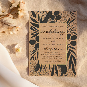 Invitation Mariage floral papier brun rustique noir or