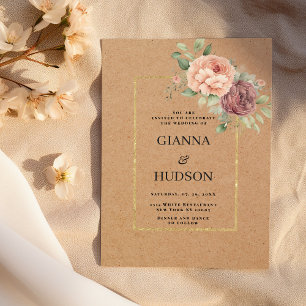 Invitation Mariage floral papier kraft brun corail rose menth