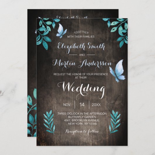 Invitation Mariage floral papillon bleu aquarelle rustique (Devant / Derrière)