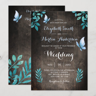 Invitation Mariage floral papillon bleu aquarelle rustique