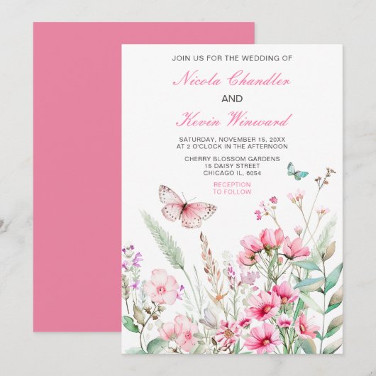 Invitation Mariage floral papillon rose de printemps (Devant / Derrière)