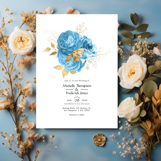 Invitation Mariage floral Pastel Bleu et Or