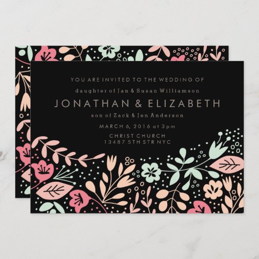 Invitation Mariage Floral Pastel Dessiné à la Main Noir Moder (Devant / Derrière)