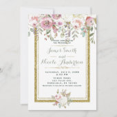 Invitation Mariage floral pastel moderne rose vert et or (Devant)