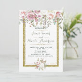 Invitation Mariage floral pastel moderne rose vert et or (Debout devant)