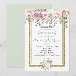 Invitation Mariage floral pastel moderne rose vert et or