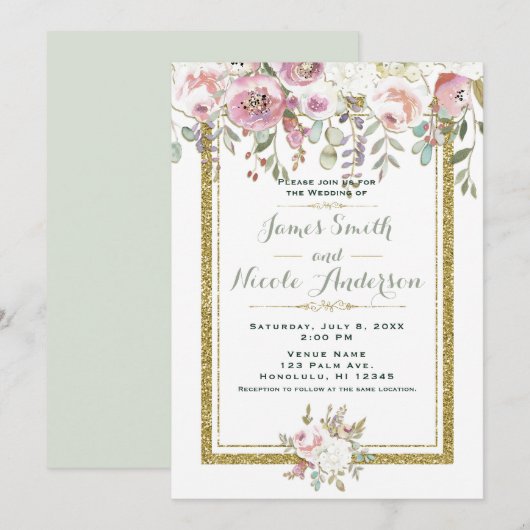 Invitation Mariage floral pastel moderne rose vert et or (Devant / Derrière)