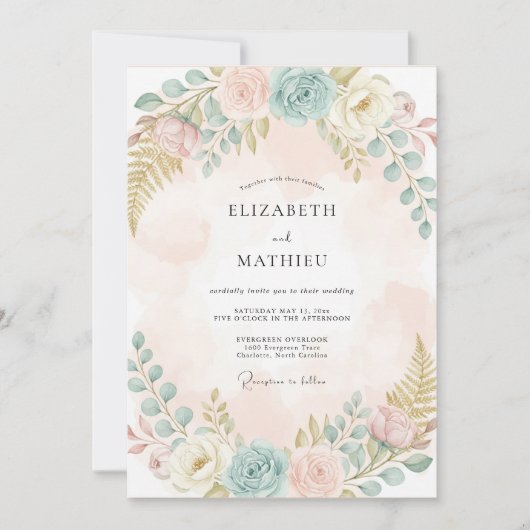 Invitation Mariage Floral Pastel Pêche (Devant)