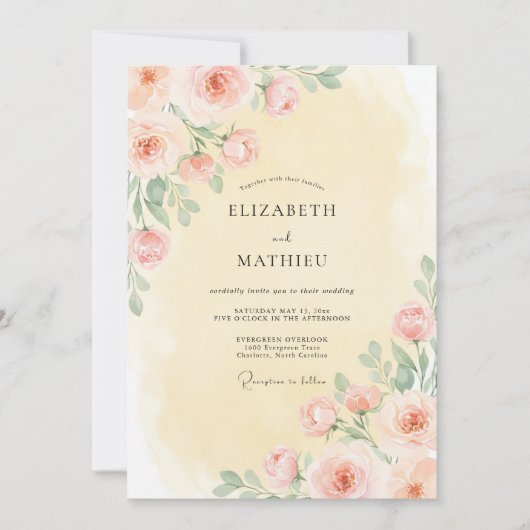 Invitation Mariage Floral Pastel Pêche Embrassant (Devant)