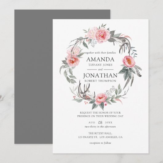 Invitation Mariage floral Pastel Pink et Grey Boho (Devant / Derrière)