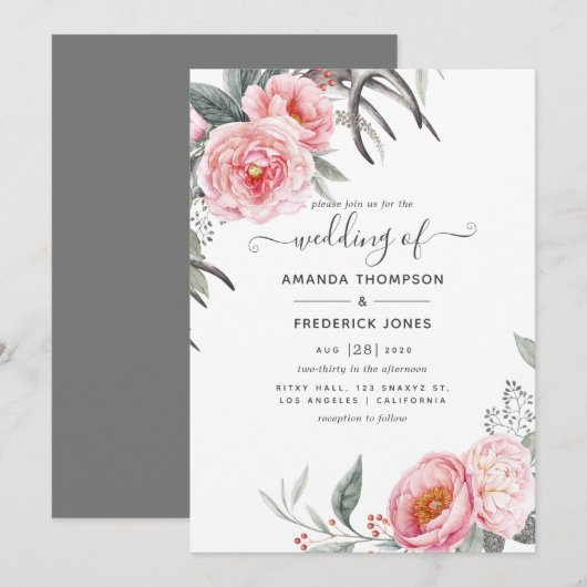 Invitation Mariage floral Pastel Pink et Grey Boho (Devant / Derrière)