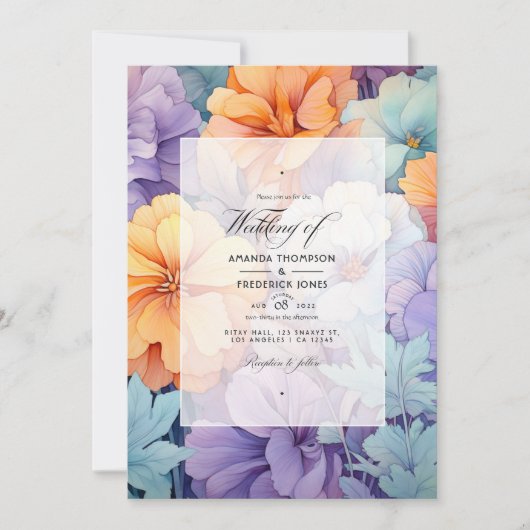 Invitation Mariage floral Pastel Purple, Orange et Mint (Devant)