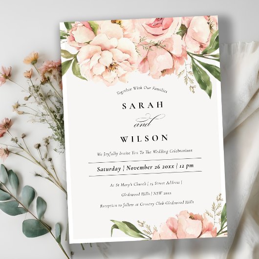 Invitation Mariage floral Pastel Soft Blush Peach Peony